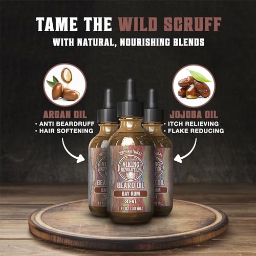 Image of Viking Revolution Bay Rum Beard Oil for Men - Natural Argan and Jojoba Oil Blend for Softening, Strengthening, and Moisturizing Beards (3 Pack)