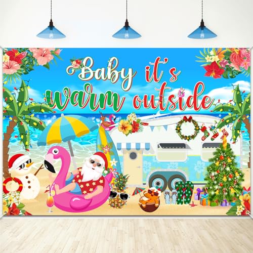Summer Christmas Backdrop Decorations Baby It’s Warm Outside Banner, Summer Christmas Photography Backdrop with Beach Snowman Santa for Christmas Hawaiian Luau Party Decorations