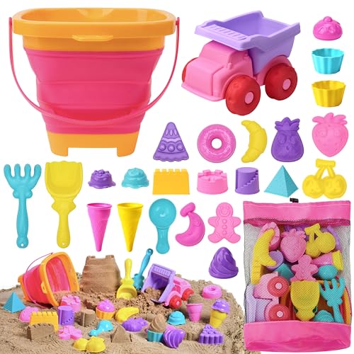 Sloosh Juego de juguetes de arena de playa, moldes de arena para viajes, con auto, camión, cubos plegables, palas de arena, juegos de moldes de helado de castillo con bolsa de malla, juguetes de caja