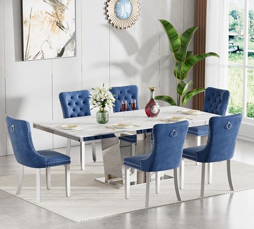 Image of 7-Piece Extendable Dining Table Set for 6, Modern 63 inch-94 inch White Faux Marble Expandable Kitchen Table Set with 6 Velvet Chairs, Large Extendable Dining Room Tables with Mirrored Columnar Base