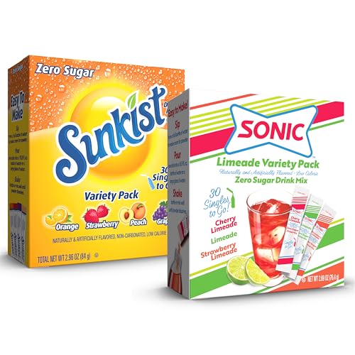 Sonic &amp; Sunkist Soda Singles To Go, 60 Count Variety Pack, Watertok Powdered Drink Mix, Includes 6 Flavors, Limeade Cherry Limeade, Strawberry Limeade, Orange, Strawberry, Grape and Peach