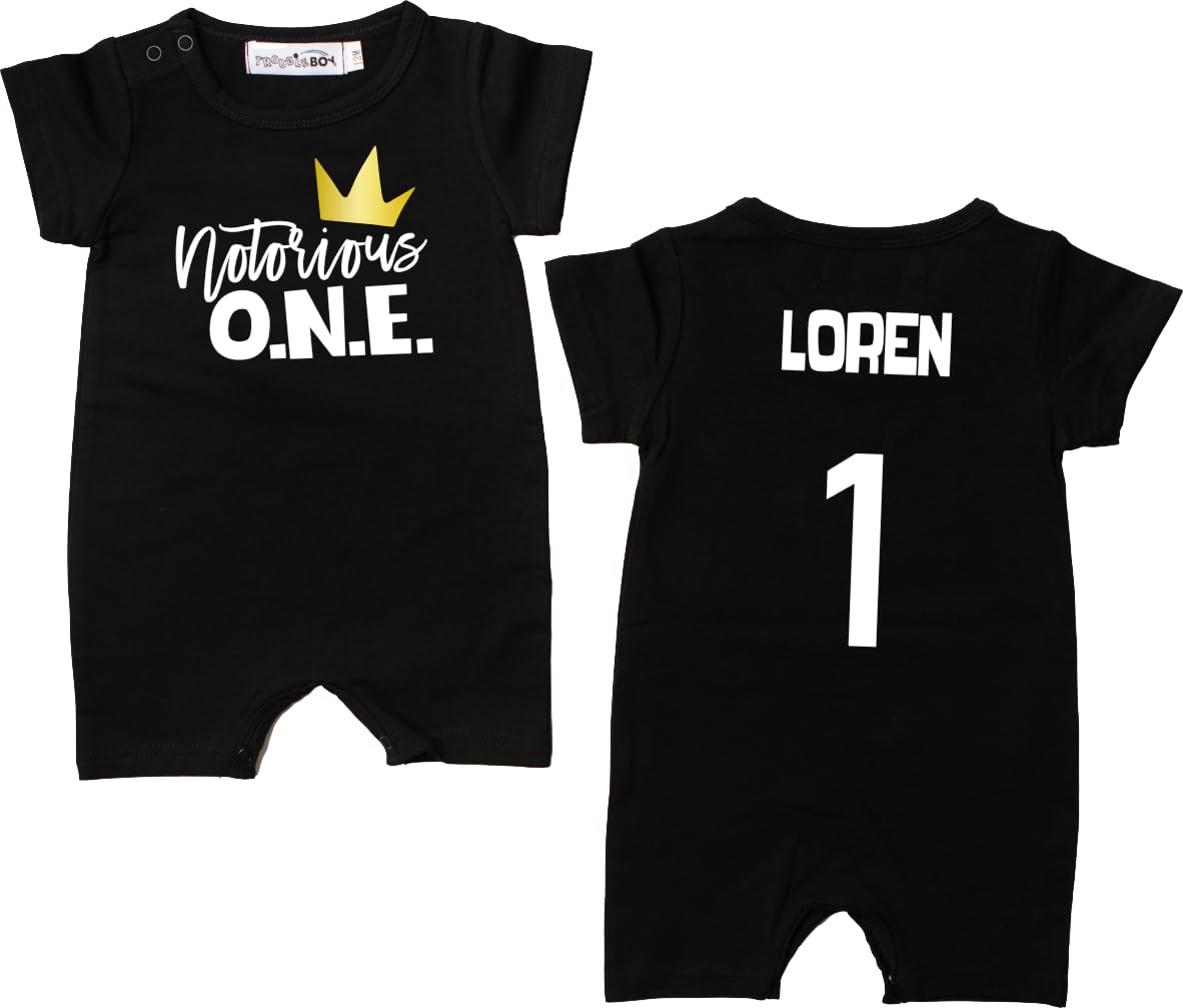 Notorious ONE Personalized First Birthday Slim Fit Romper for Baby with Hip Hop Theme (18 month, Black)