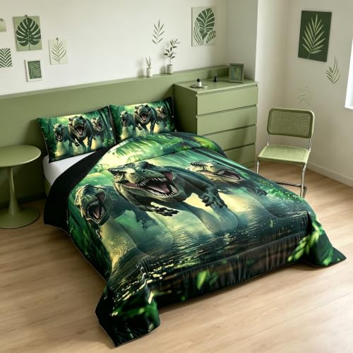 Image of Feelyou Dino Dinosaur Comforter Set Twin Size Kids Boys Bedding | All Season Soft Bed Set Duvet Set Microfiber Green Warm Cozy Breathable Lightweight