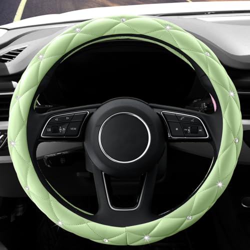 Image of YOGURTCK Cute Diamond Soft Leather Anti-Slip Steering Wheel Cover with Bling Bling Crystal Rhinestones, Universal 15 Inch for Women Girls, Fit Vehicles, Sedans, SUVs, Vans, Trucks - Neon Green