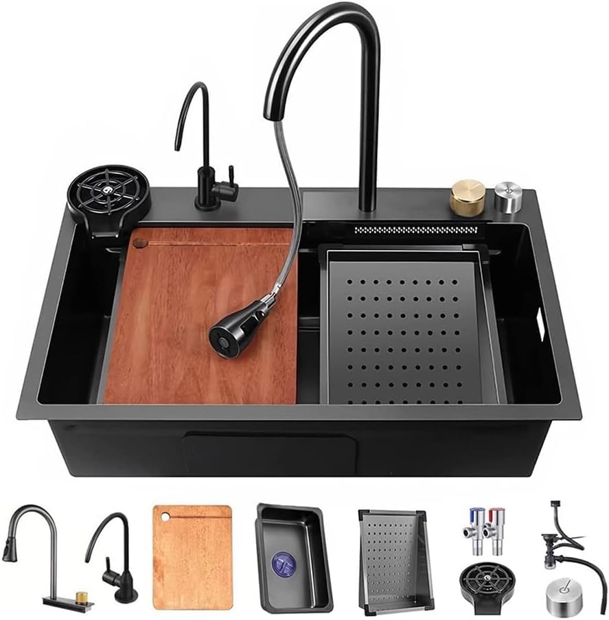 ARQUIN 304 Grade 24" X 18" X 9"Waterfall Kitchen Sink With Integrated Waterfall And Pull Down Faucet, Fruit Basket With Complete Accessories Black Matt Design. (B0D2Y46QN1) Amazon Price History, Amazon Price Tracker