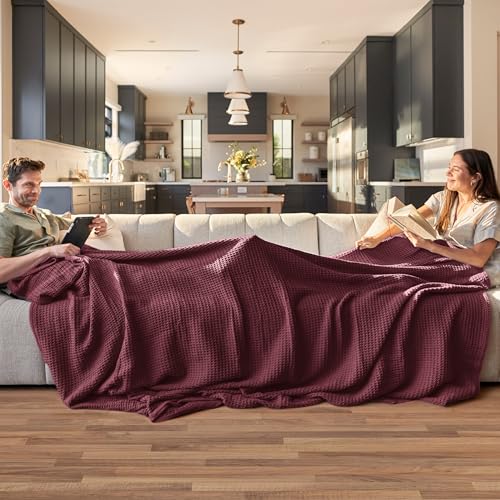 Image of Bedsure 100% Cotton Blanket King Size for Bed - Breathable and Soft for Summer, Thick Cozy Waffle Weave Blanket Gifts for Women, Burgundy, 104x90 inches