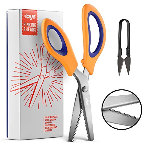 VAYS Pinking Shears for Fabric, Dressmaking & Crafting - Stainless Steel Sharp Zig Zag Crimping Scissors for Sewing - Thread Cutter Included