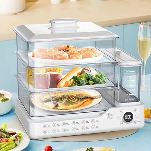Aoyhome 電気蒸し器 3段調理 大容量24L 独立給水タンク式 スマートデジタル操作 自動電源オフ タイマー機能付き 110V日本対応 蒸し/煮物/温野菜/サラダチキン調理 コンパクト設計 家庭用 健康調理家電 (ホワイト)