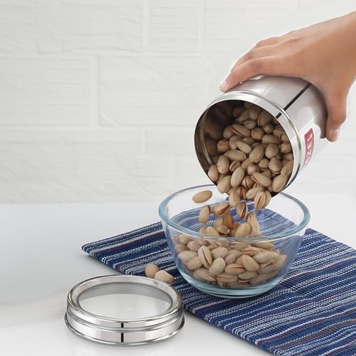 Image of HAZEL Stainless Steel Container with Transparent Lid | Matt Finish Steel Jar for Kitchen Storage 1100 ml | Multipurpose SS Container with Lid