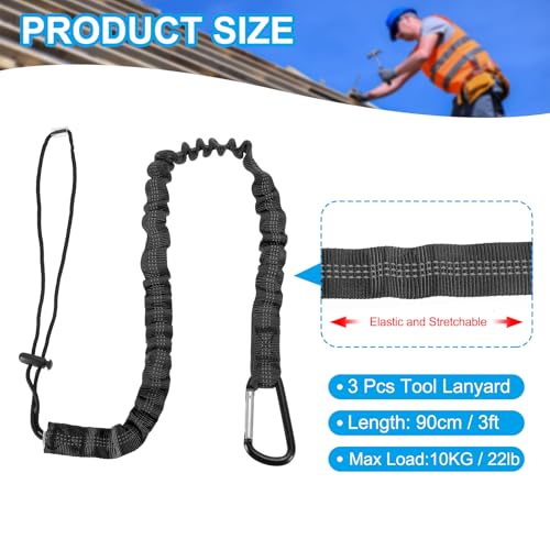 Image of MECCANIXITY Retractable Tool Lanyard 3ft with Single Aluminum Buckle and Adjustable Loop End, Maximum Weight Limit 10KG / 22lb, Safety Fall Protection Tools Leash, Black 3 Pack
