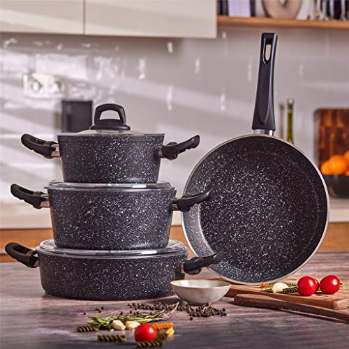 DYHWAC 7Pcs / Set Juego de Utensilios de Cocina Cacerola de Cocina Juego de ollas y sartenes Non-Stıck Granito Cocina de Acero Inoxidable(Svart)