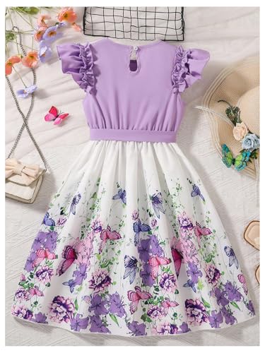 GORGLITTER Girl's Vintage Butterfly Floral Dresses Ruffle Belted Crewneck Cap Sleeve Casual Princess Dress2