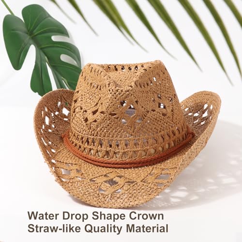 Image of DRESHOW Straw Cowboy Cowgirl Hat for Women Men Western Coastal Cowboy Beach Hat with Shapeable Brim Unisex Rolled up Caps