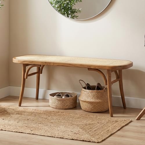 DM Furniture Farmhouse Wood Bench Seat Small Rattan Cane Bench Wicker Bench for End of Bed Living Room Entryway Foyer Indoor, Hand Woven