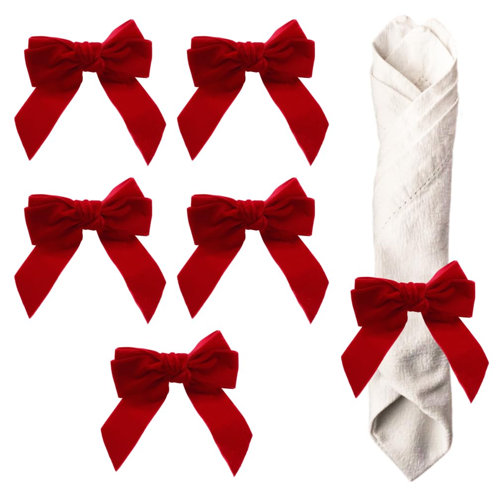 Bow Napkin Rings, 6PCS 5.1" x 2.2" Velvet Bows Napkin Buckles Vivid Bow Tissue Ring for Christmas Wedding Thanksgiving Party Holiday Decorations