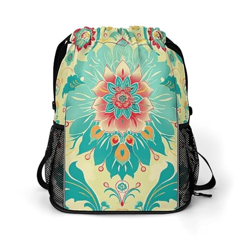 Drawstring Gym Backpack with Shoe Compartment And Wet Pocket, 28L Lightweight Waterproof Cartoon Floral Pattern Sports Backpack for Workout Swim Beach Travel String Bag for Men Women