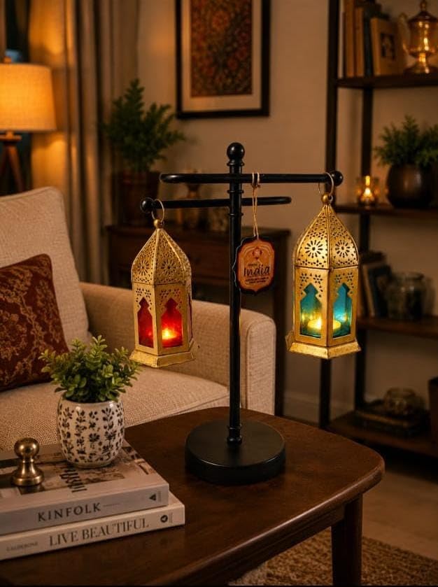 Metal Lantern Holder with 2 Hanging Lanterns. | Decorative Stand, Coloured Glass Panels, Festive Home Decor, Iron Construction, Set of 2 Lanterns-image-19