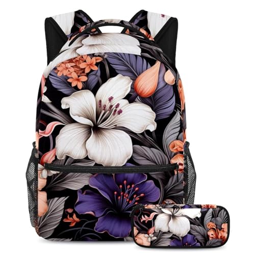 Sac à dos avec trousse à crayons motif fleurs multicolore pour école et loisirs ados