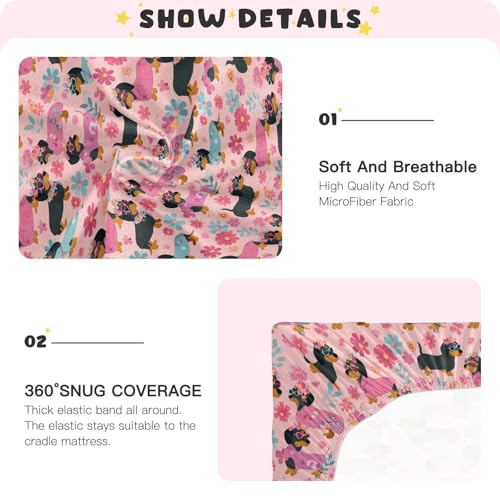 Image of Crib Sheet Breathable Soft Crib Mattress Sheet for Baby Toddler Boys Girls Fitted Crib Sheet Fit Standard Crib Mattress 52 x 28 Inch Cute Dachshunds Flowers Pink
