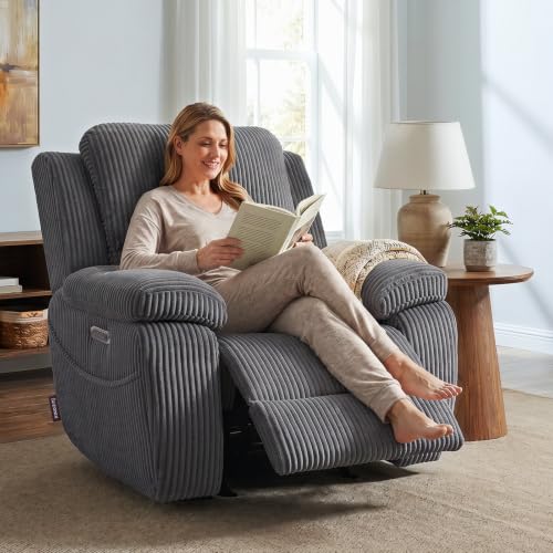 Image of EONIX Real Zero Clearance Wall Hugger Power Recliner Chair with Adjustable Headrest for Small Spaces, RV, Living Room, Bedroom, 24.4'' Seat Width, 400lbs Heavy Duty, SXXY017992, Corduroy, Dark Grey