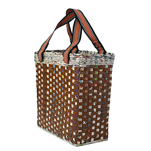 Image of PAPERUS Re-usable Small Brown Check Carry Bag | Shopping Bag | Handbag | Tiffin Basket | Lunch Bag, Eco-Friendly Handmade of Paper Ropes 11 in Tall 10 in Length 5 in Wide Base