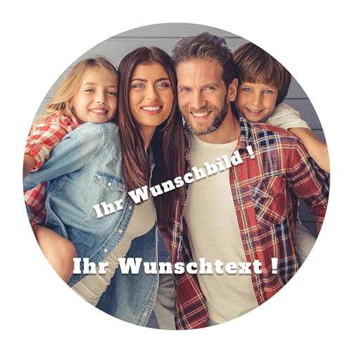 J&M DECO Personalisiert Tortenaufleger Foto – essbare Tortendeko Ø 20 cm mit eigenem Bild & Wunschtext – Kuchendekoration aus Zuckerpapier – personalisierbares Tortenbild Geburtstag
