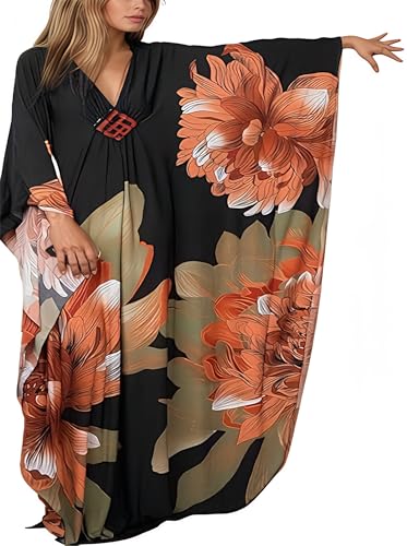 MYBWTW Plus Size Kaftan Dresses for Women Oversized V-Neck Batwing Sleeve Boho Swimsuit Cover Up Maxi Beach Resort Caftan