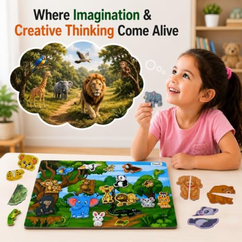Image of Wooden Magnetic Wild Animal Puzzle for Kids | 50+ Pieces Strong Magnetic Jigsaw with Wooden Board | Educational Learning Toy for Boys-Girls (Multicolor, Ages 2-7 Years)