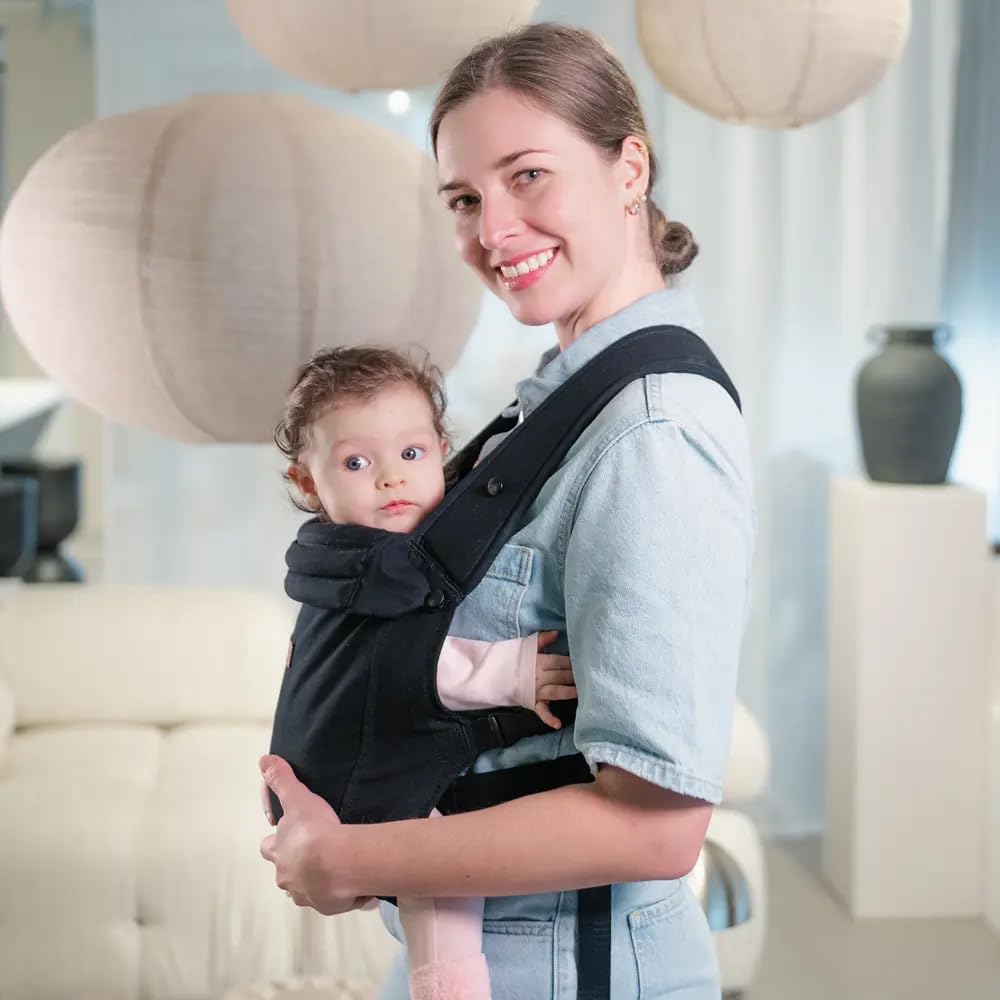 LIINI® Babytrage aus Baumwolle (Schwarz) – ab Geburt (3,5 kg) bis 15 kg, verstellbare Träger, Kopfstütze, Klickverschluss, ergonomisch & bequem – CE EN71-3 & SGS EN13209-2