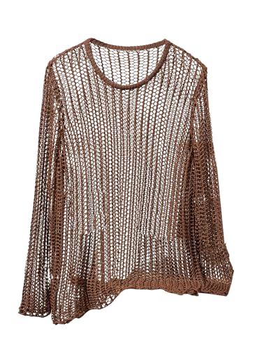 Floerns Men's Crochet Knit Sheer Tops Party Club Hollow Out Long Sleeve Crew Neck Sweaters