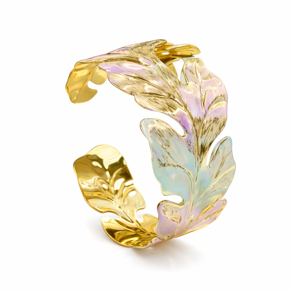 Luxury 18K Gold Plated Enamel Leaf Bangle for Women - Adjustable Floral Cuff Bracelet with Pastel Handcrafted Detailing, Elegant Statement Jewelry Gift for Weddings, Anniversaries, and Parties-image-40