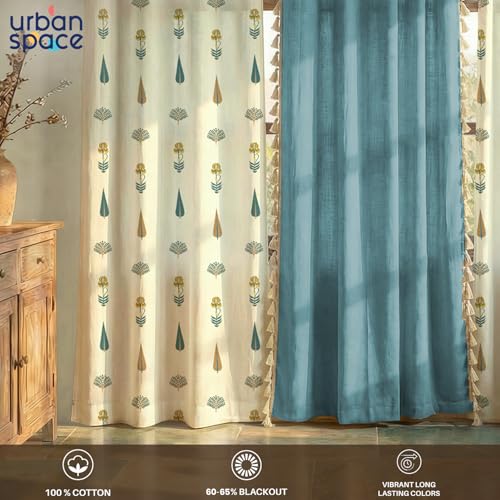 Image of Urban Space Printed 100% Cotton Curtains for Window, Combo Set of 3 Curtains 5 Feet, Tieback & Eyelets Included with Curtains for Home Decor (Orchard Dark Teal & Aura Dusty Blue, 5 Feet)