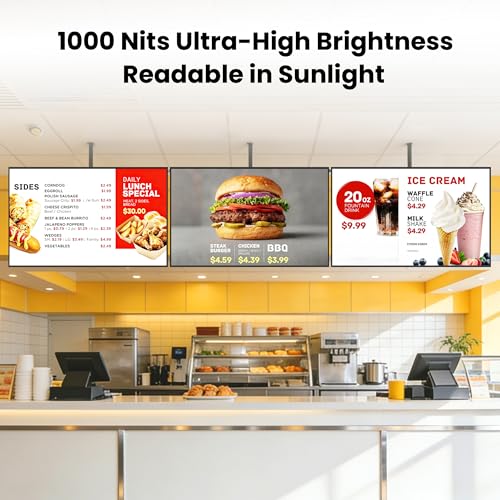 Image of 55 Inch Digital Signage Display, 4K FHD 1000 Nits Advertising Screen, Android 14.0 Wall Mount Digital Menu Board for Restaurants, Smart tv signage with 4GB RAM 64GB Storage, Smart Split Screen