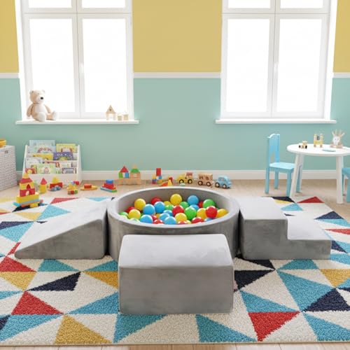 Image of Tiita Climbing Toys for Toddlers 1-3 Indoor with Ball Pit, 4-Piece Kids Foam Climbing Blocks, Activity Soft Play Climbing for Baby, Grey, Balls not Included