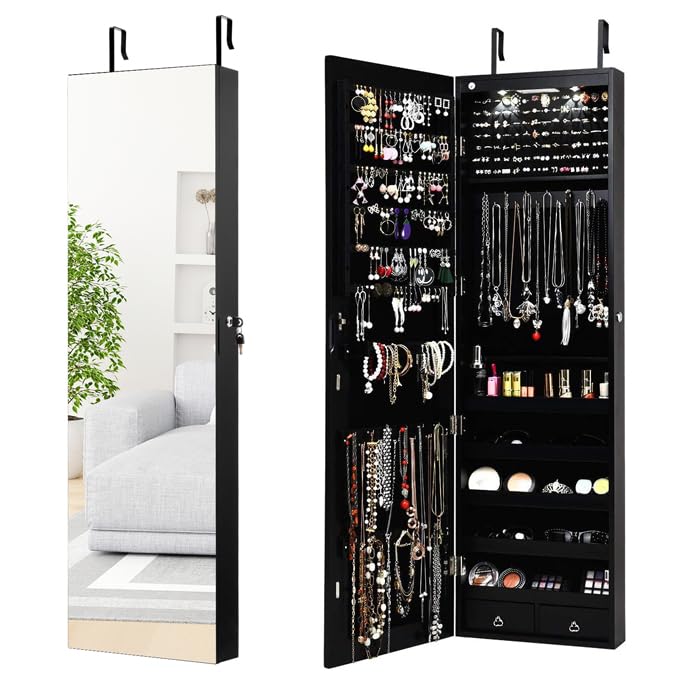 Moccha Wall Door Jewelry Armoire, Full Screen Jewelry Cabinet for Bedroom, Lockable Jewelry Cabinet, Jewelry Organizer Storage with 2 LED Lights and 2 Drawers, Black