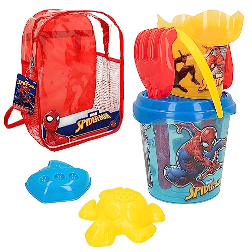 ColorBaby 77377 Marvel Spiderman Set de praia infantil, conjunto de cubo de praia com pá, ancinho, regador e acessórios, mochila de praia para crianças, conjunto de praia infantil, mochila com