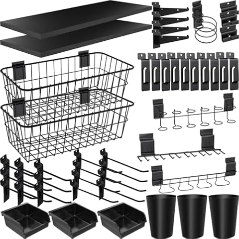 43 Pcs Slatwall Accessories Organizer Kit with Slatwall Hook, Slatwall Shelves, Slatwall Basket, Slatwall Bin, Slatwall Cup, Slatwall Screwdriver Holder for Organizing Various Tools (Black) Cover