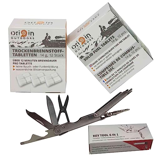 Set - 2 Packungen je 12 Trockenbrennstofftabletten á 14 g für Kocher 24 Pack GRILLANZÜNDER Camping & Outdoor & HOCHWERTIGEM Multitool 6 in 1 fürs Schlüsselbund Werkzeug