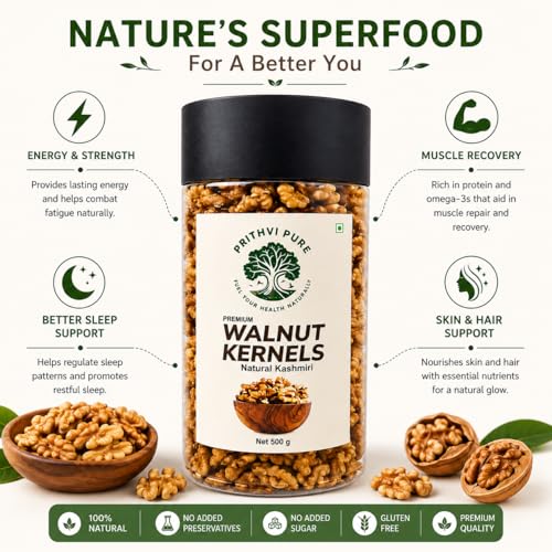 Image of PRITHVI PURE Walnuts Kernels 500 Gram | Natural Crunchy & Nutritious | Akhrot Without Shell | Rich in Omega-3, Protein & Antioxidants | Gluten-Free | Ideal for Snacking, Baking & Cooking