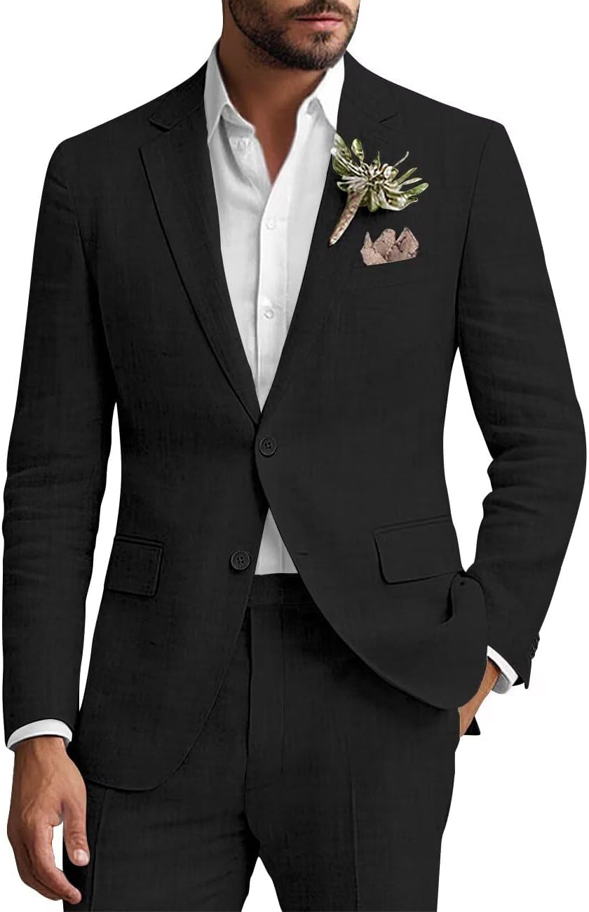 SHUZHXLZANGY Mens Suit 2 Piece Linen Suit for Men Slim Fit Summer Suit for Wedding Prom Party Beach