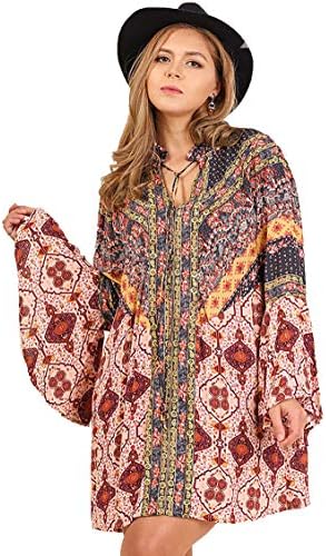 Umgee Womens Berry Multi-Print Trumpet Sleeve Dress (S, Berry Multi)