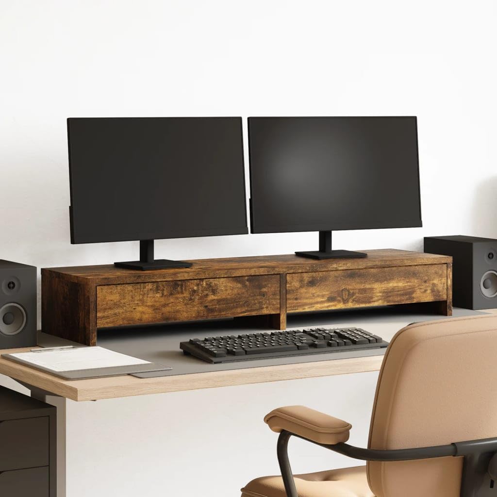 Supporto per monitor con cassetti, in legno di rovere affumicato, 100 x 27 x 15 cm, per ufficio e home office, ripiano ergonomico per laptop, PC, tablet e postazione di lavoro da gioco