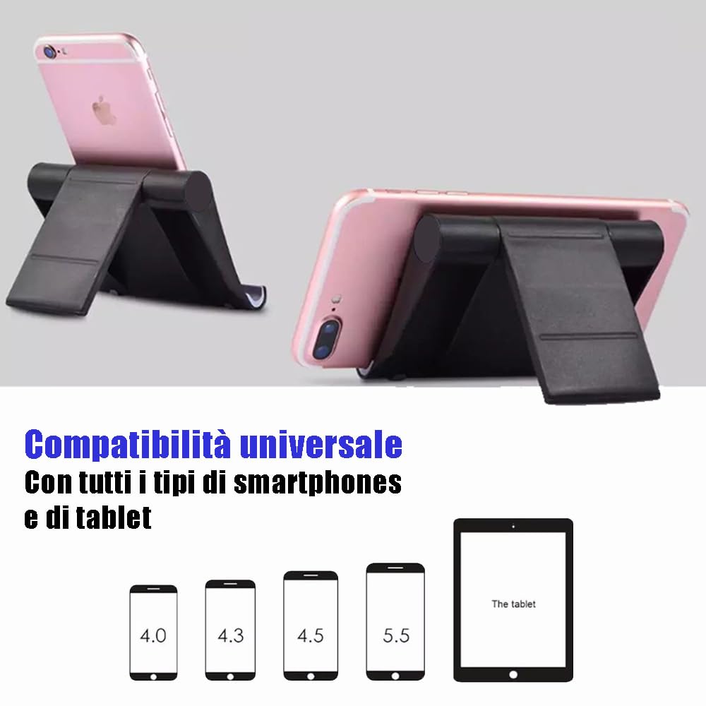 SHOPWELLY 4 Supporti Per Telefono Regolabili E Pieghevoli – Adatti A Smartphone 4-7″ E Tablet 4-12″, Antiscivolo, Colori Nero, Bianco, Blu E Rosa