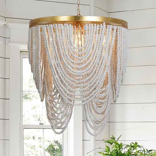 OSAIRUOS 6-Light Bohemia Wood Beaded Chandelier for Entryway Handmade Gold Foil Finish Boho Pendant Light Rustic Farmhouse Lighting Fixtures Coastal Chandeliers for Foyer Living Dining Room Bedroom
