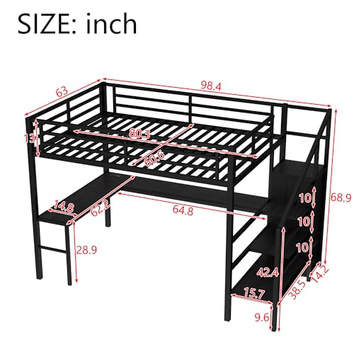 Image of Bellemave Queen Size Loft Bed with Desk and Wardrobe Storage Stairs and Wardrobe, LED USB, Loft Bed for Teens Metal, Black