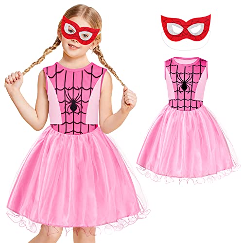 Aomig Deguisement Spider pour Fille, Costume de super-héros avec masque pour les yeux, Costume Spider Enfant, Enfant Spider Déguisement pour Halloween Carnaval Cosplay Fête, Rose (130cm)
