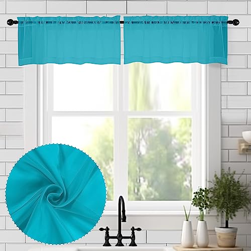Image of Chyhomenyc Sheer Valances for Windows 2 Pieces, 42Wx14L Inches Small Valance for Living Room Bedroom Study Laundry Basement, Rod Pocket Voile Valance, Turquoise