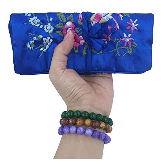 Gold Fortune Travel Jewelry Silk Embroidery Brocade Roll Bags Organizer Case with Tie Close (Royal Blue)