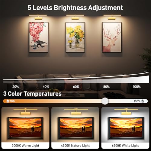 Picture Light, 15.35inch Wireless Picture Lights for Wall Rechargeable, 5400mAh Battery Wall Light with Remote, 3 Color Art Lighting for Paintings with Timer and Dimmable for Display, Gallery (Gold)