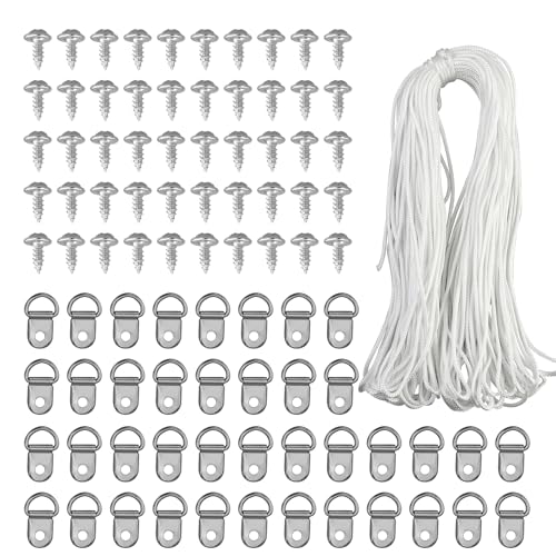 Picture Hanging Kit, 30M x 2mm Picture Hanging Cord, White Strong Nylon Picture Hanging Wire, Picture Frame Hanging String with 40 D-Ring Hooks and 50 Screws,Picture Frame Hanging Kit for Mirror Photo